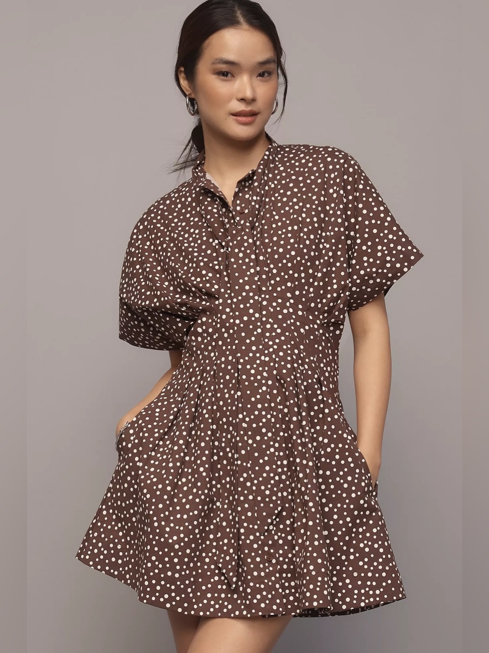 Anthropologie Tobie Tie-Neck Shirt Dress |Brown Polka Dot | Size M